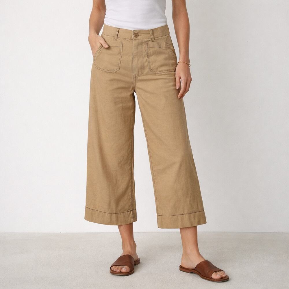 Anthropologie Colette Wide Leg Linen High Waist Cropped khaki Pants. Women 28.